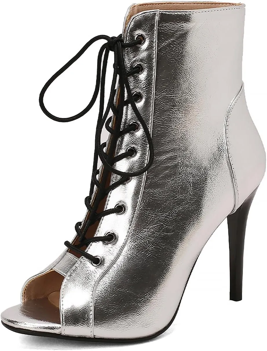 YKXLM Latin Dance Boots Salsa Women Ballroom Lace-up Ankle Open Toe Dance Shoes,9676-1,Silver,6.5US