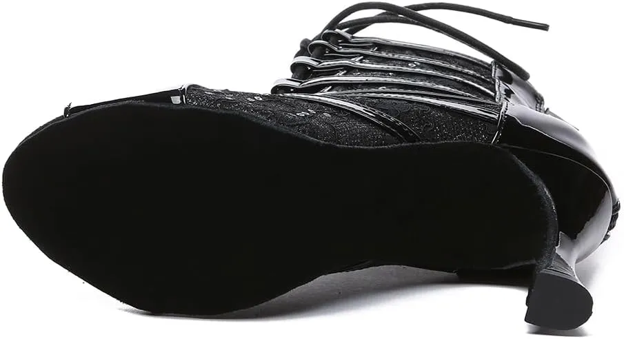 YKXLM Women Latin Dance Shoes Ballroom Salsa Bachata Performance Mesh Boots with Sequins,L583