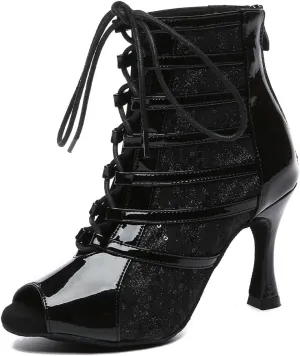 YKXLM Women Latin Dance Shoes Ballroom Salsa Bachata Performance Mesh Boots with Sequins,L583