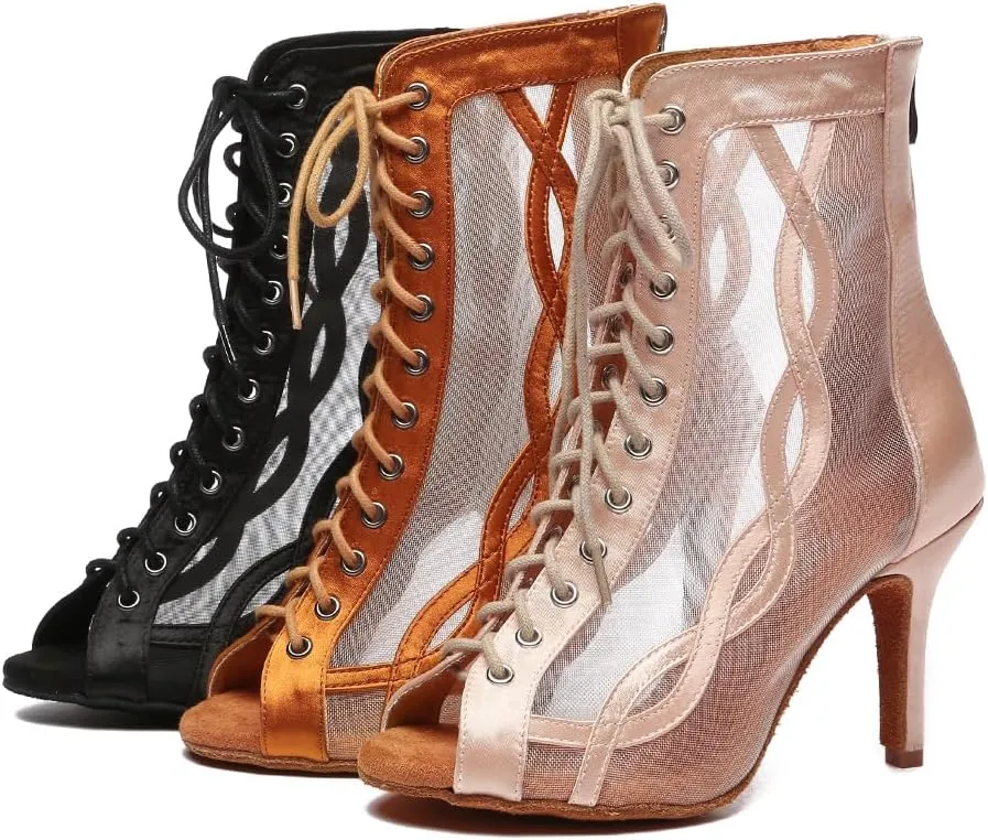 YKXLM Women's Peep Toe Mesh Ballroom Dancing Boots Latin Dance Shoes Salsa Bachata Performance,L582