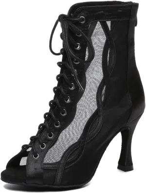 YKXLM Women's Peep Toe Mesh Ballroom Dancing Boots Latin Dance Shoes Salsa Bachata Performance,L582