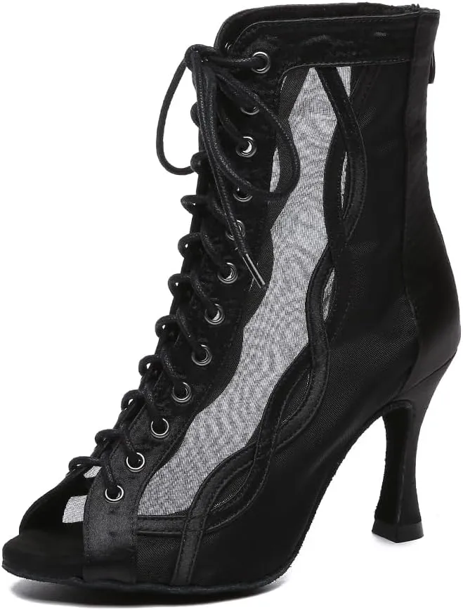 YKXLM Women's Peep Toe Mesh Ballroom Dancing Boots Latin Dance Shoes Salsa Bachata Performance,L582