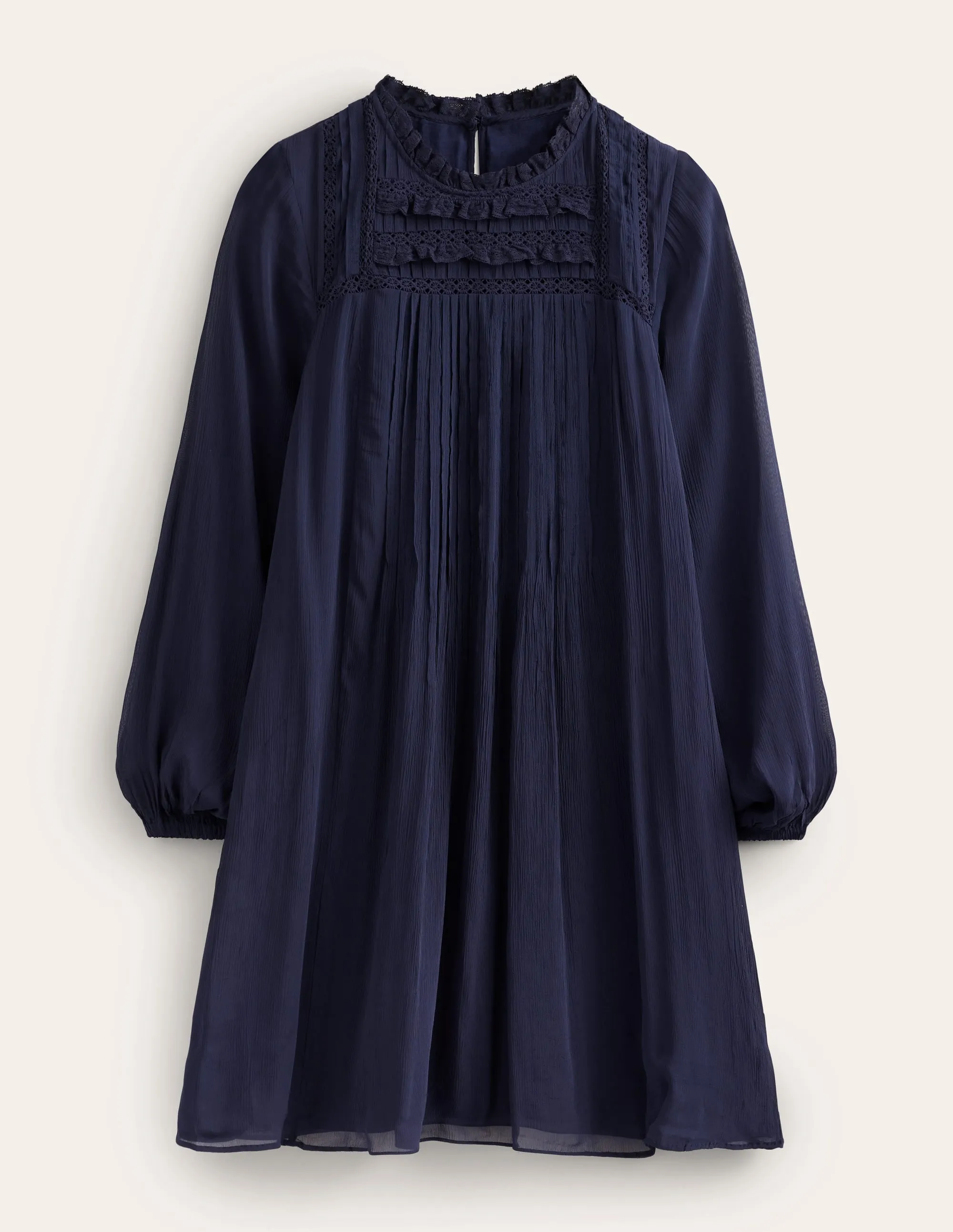 Yoke Detail Pleated Mini Dress-Navy