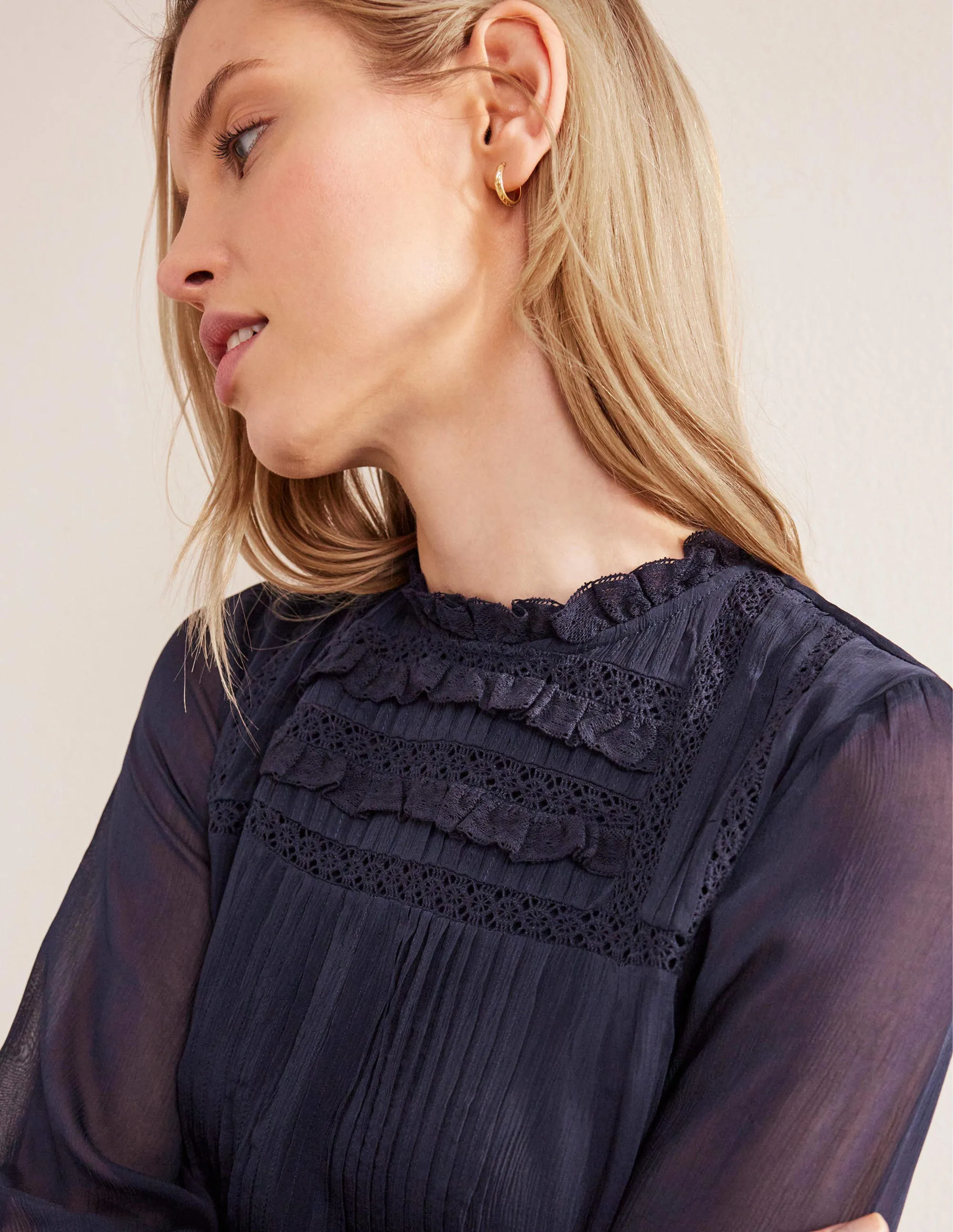 Yoke Detail Pleated Mini Dress-Navy