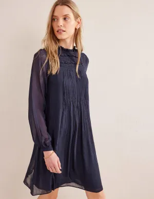 Yoke Detail Pleated Mini Dress-Navy
