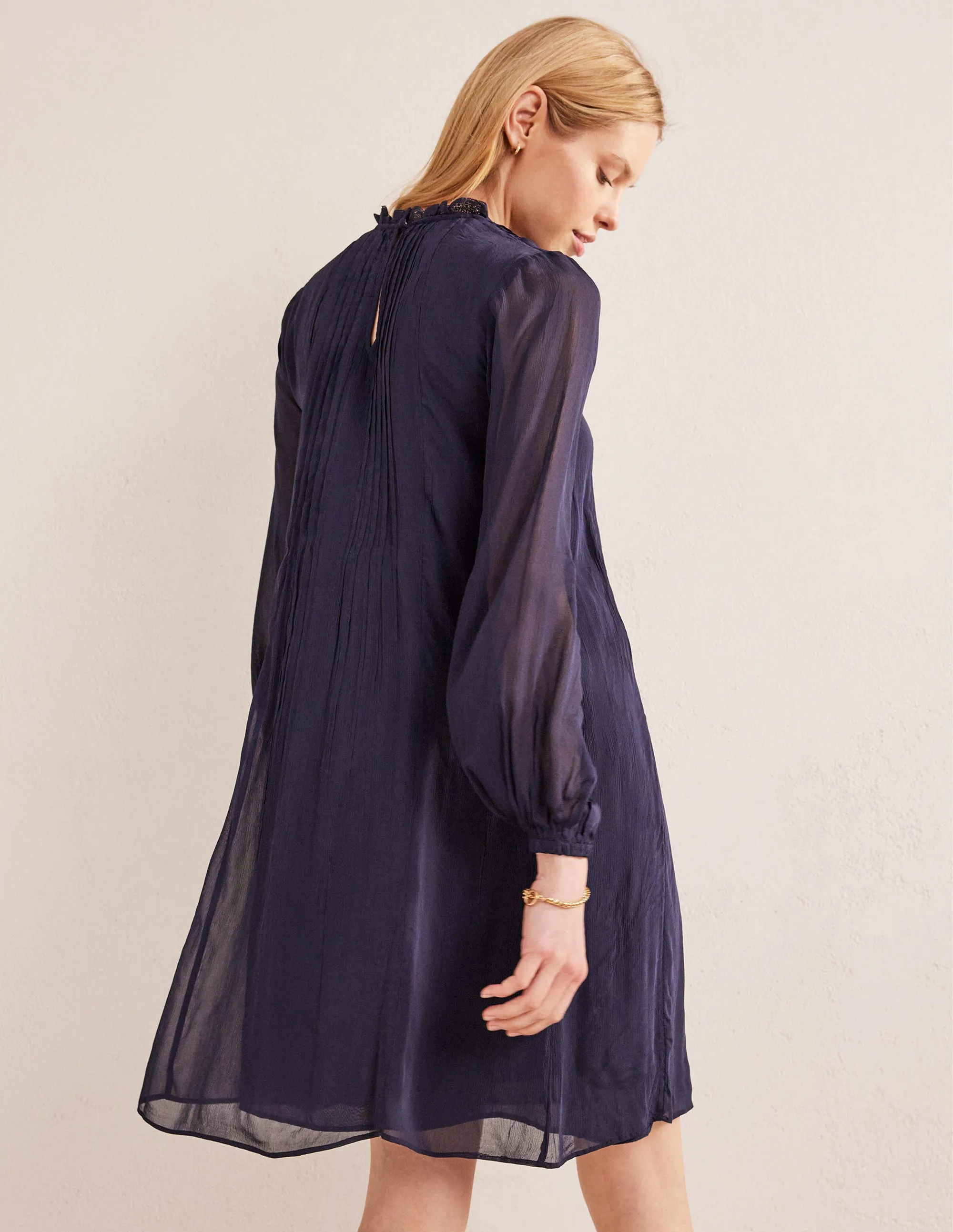 Yoke Detail Pleated Mini Dress-Navy