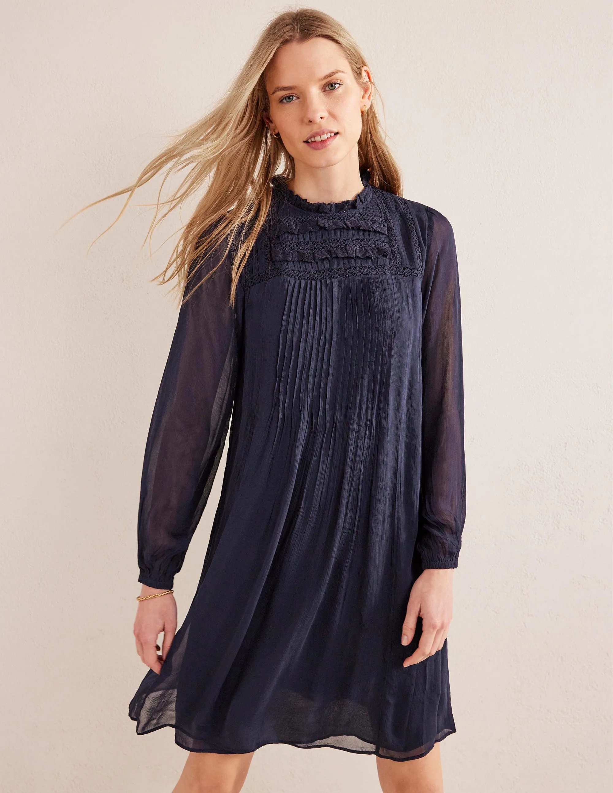 Yoke Detail Pleated Mini Dress-Navy