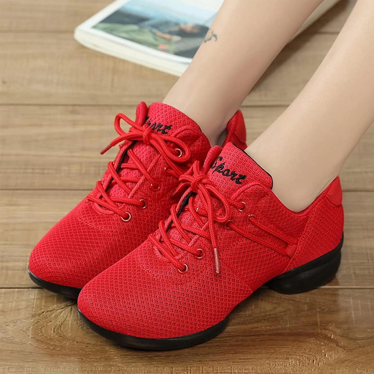 YUKTOPA Womens Dance Sneakers Jazz Shoes Lace-up Walking Shoes Lightweight Breathable Lady Platform Shoes