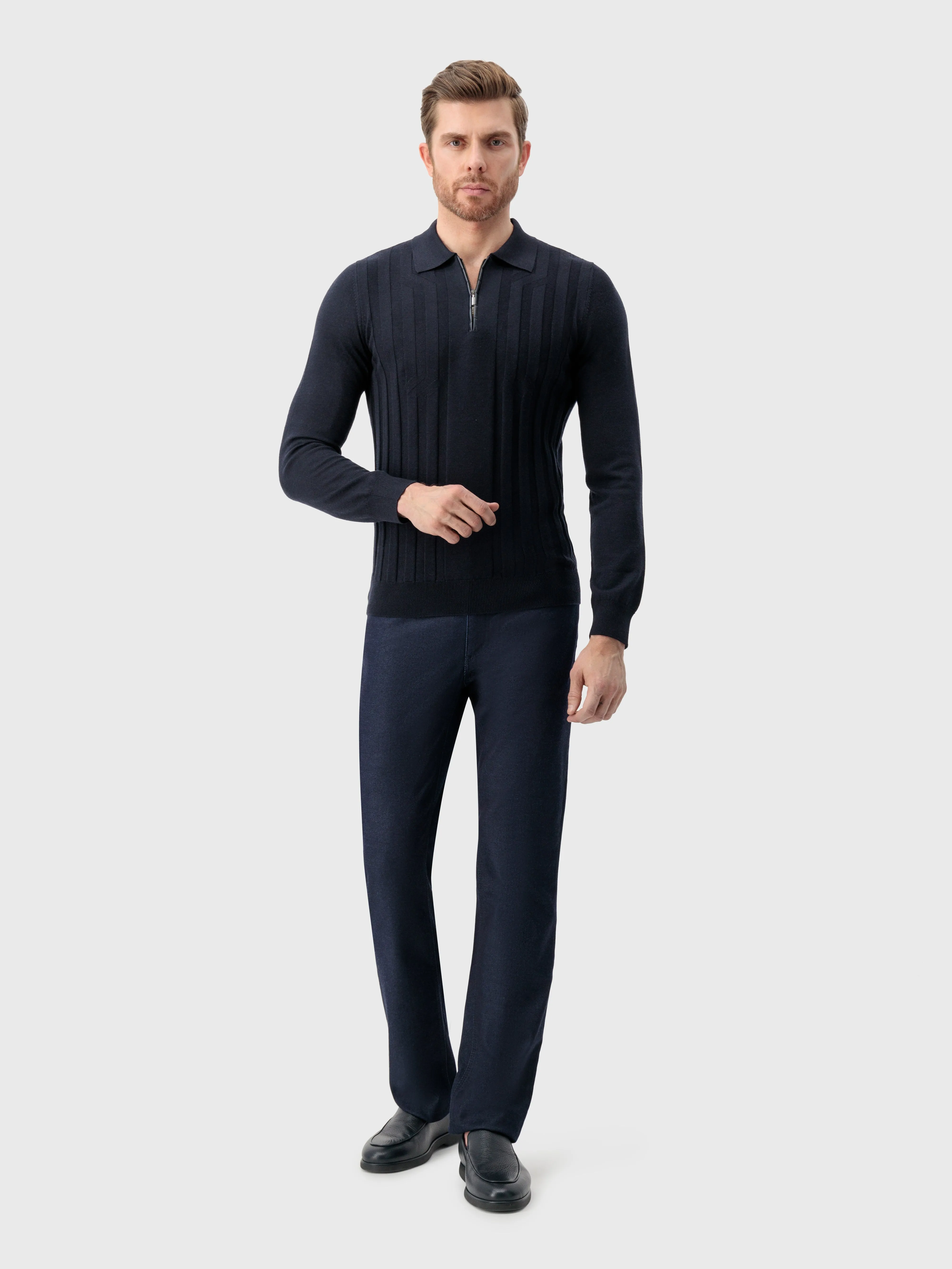 Zipped Polo with Crossed Stripes Jacquard Dark Navy