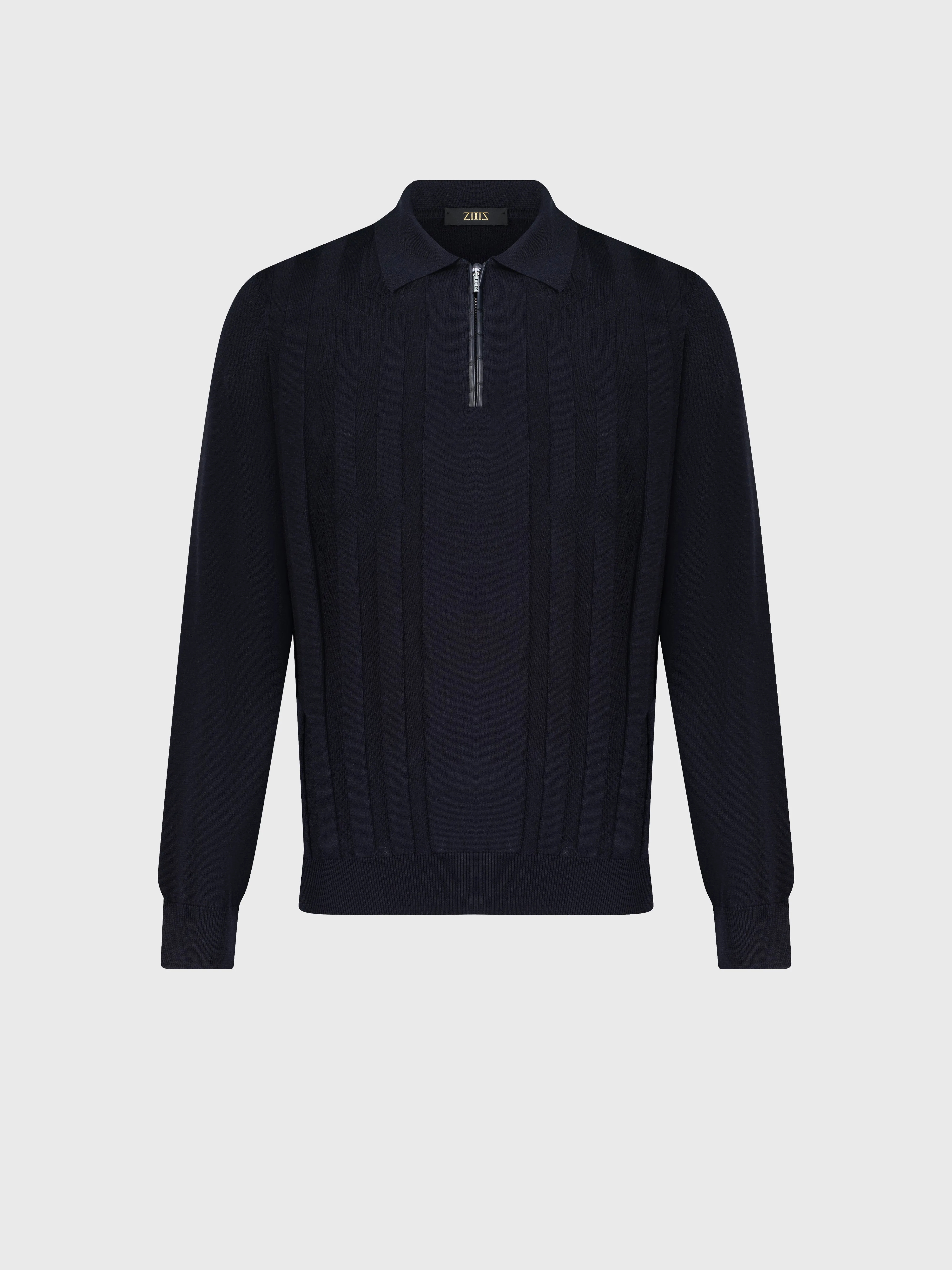 Zipped Polo with Crossed Stripes Jacquard Dark Navy